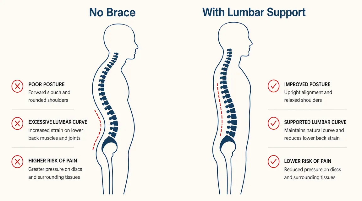 Side-by-side illustration showing spine alignment with and without lumbar support during a seated position