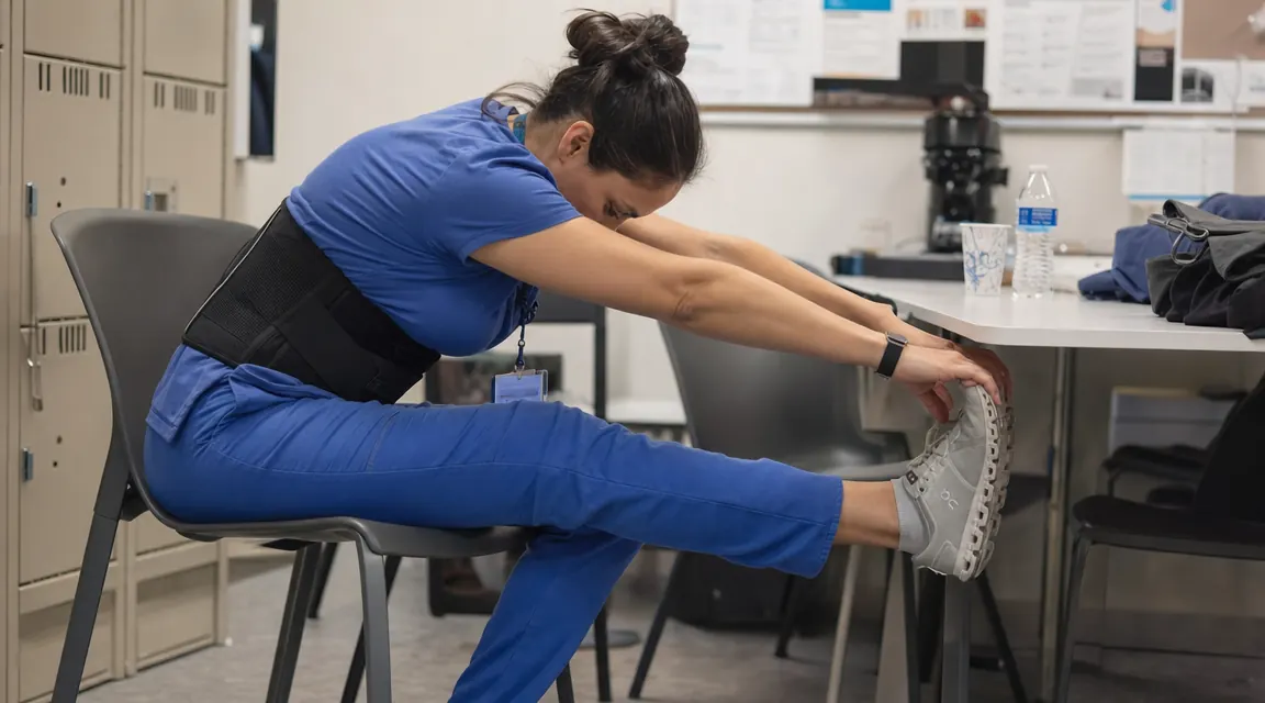 Person doing light stretching in a break room while wearing a back brace under their uniform shirt