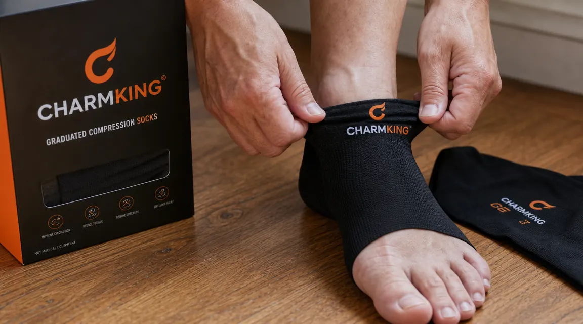 Close-up of hands pulling CHARMKING compression socks onto a foot