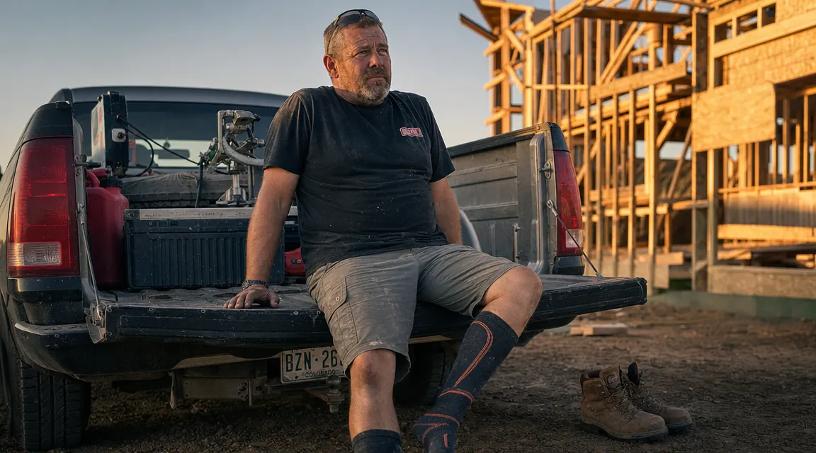 Construction worker sitting on tailgate at end of shift, boots off, wearing compression socks