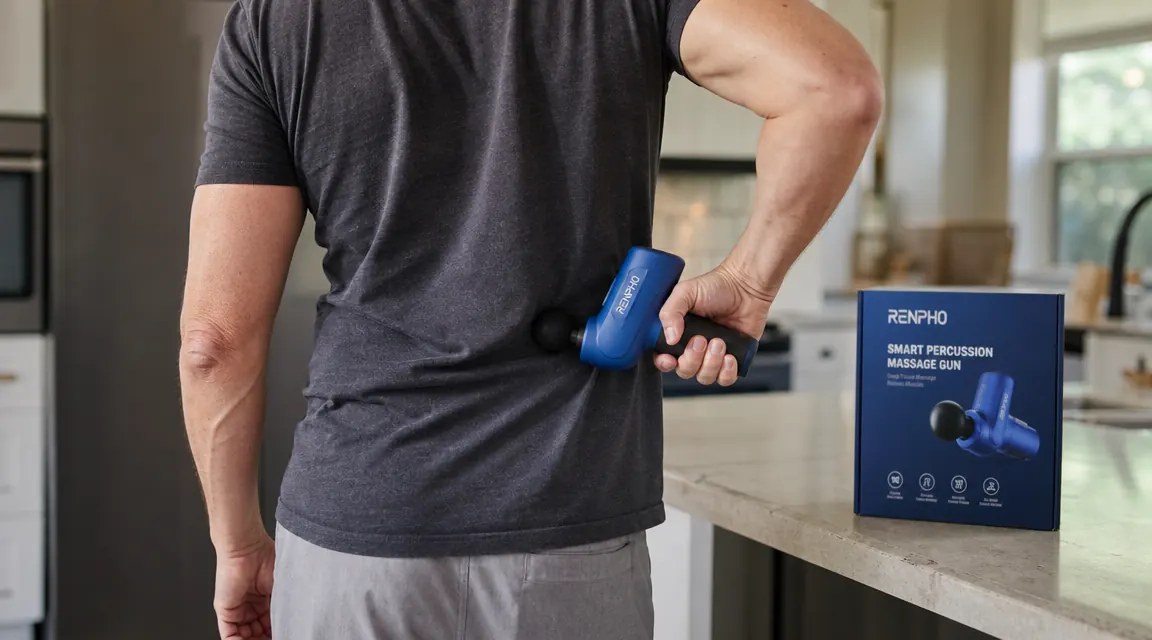 Hand holding the RENPHO massage gun against a lower back, showing the round ball attachment in use