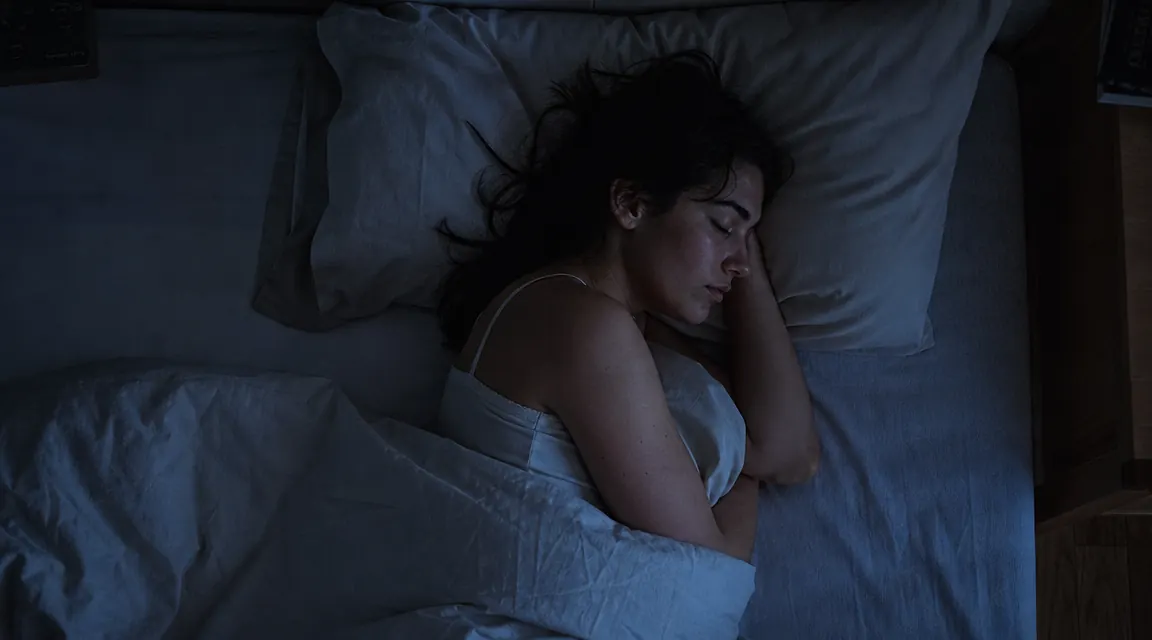 Person sleeping soundly in a dark room, relaxed expression, suggesting deep overnight muscle recovery