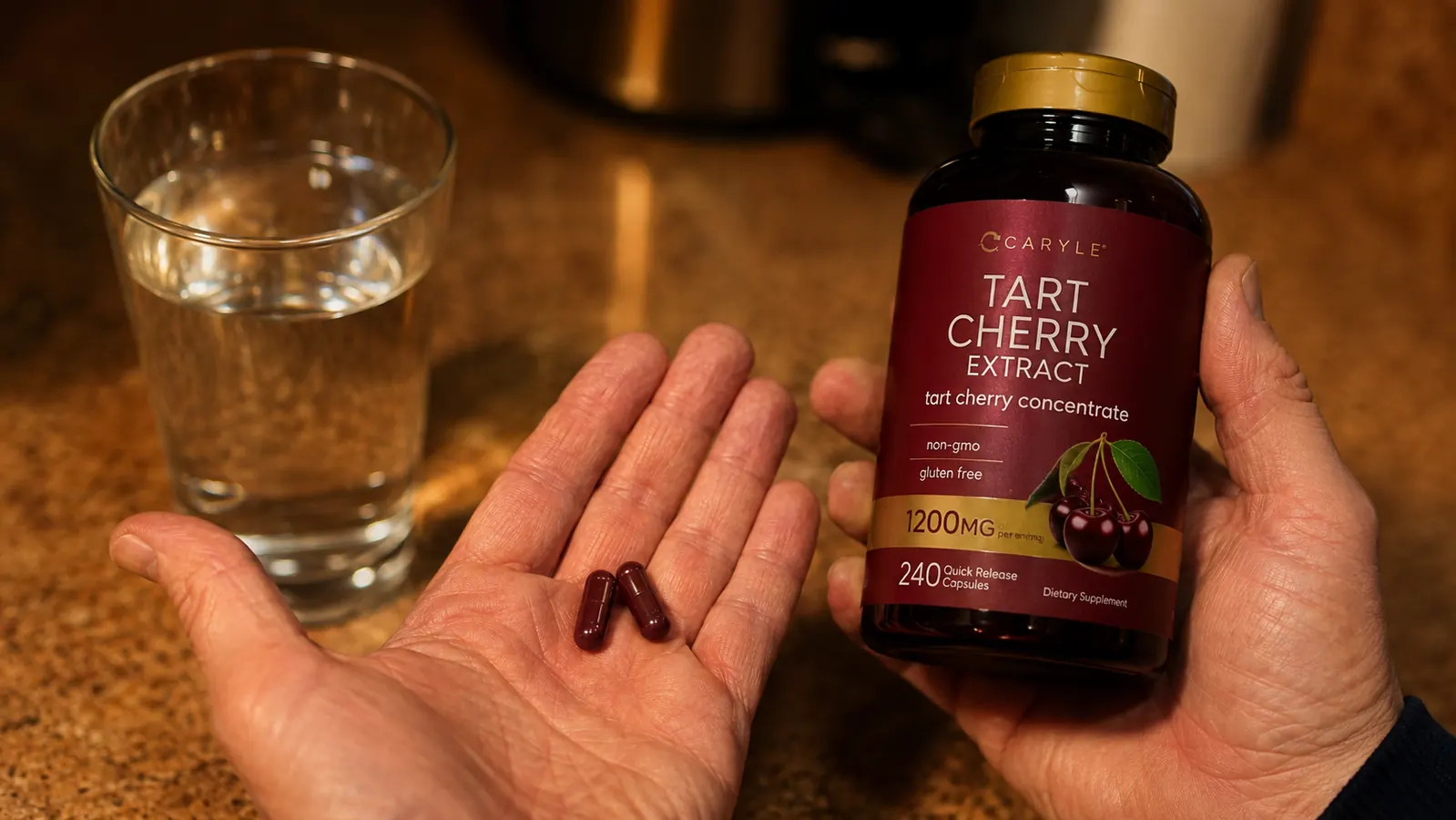 Hand tipping two red capsules into palm with a glass of water on the counter, pre-bedtime lighting