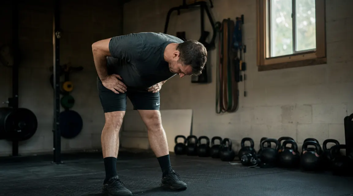 Person doing a hip hinge stretch in a garage gym at 6am, light through a small window, recovery-focused moment between sets