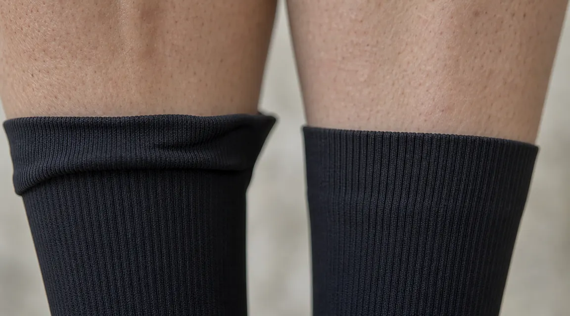 Close-up of compression sock cuff showing slight roll-down on one pair and a flat straight cuff on a newer pair