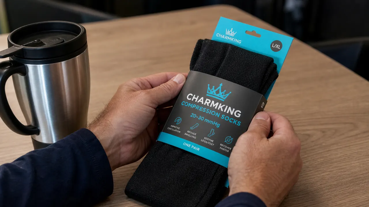 Hand holding a pair of CHARMKING compression socks next to a stainless travel mug on a break room table