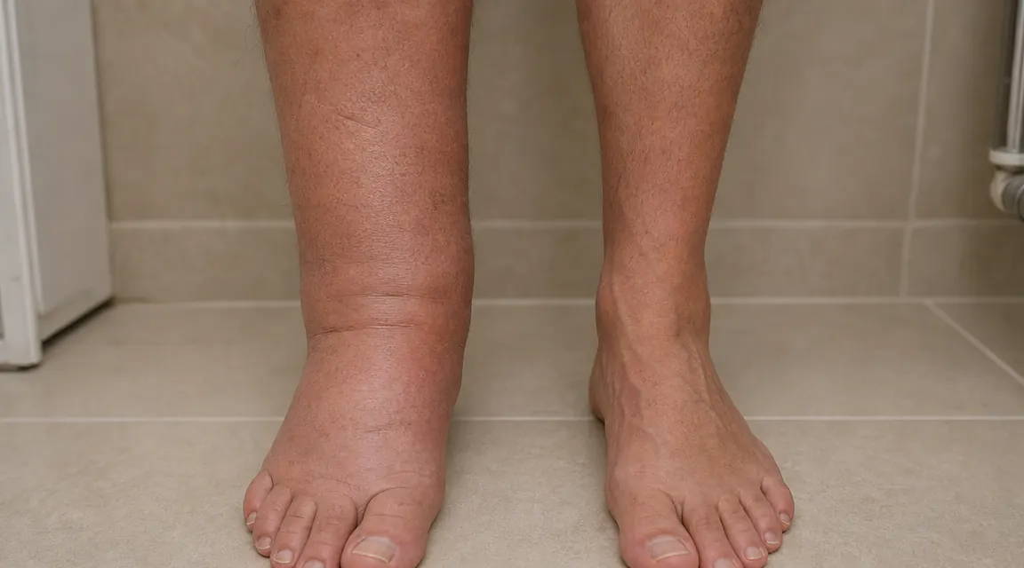 Swollen ankles next to normal ankles comparison, side by side on a tiled floor