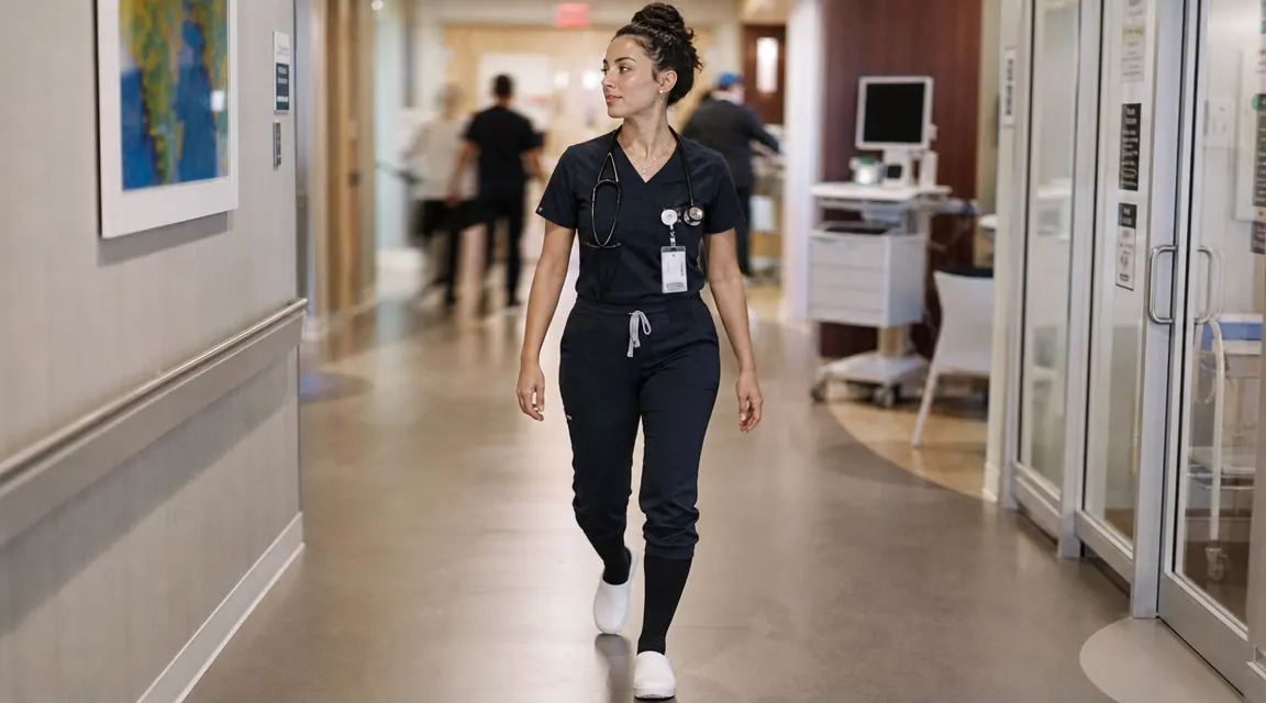 Nurse in scrubs walking a hospital corridor, compression socks visible between clogs and scrub hem