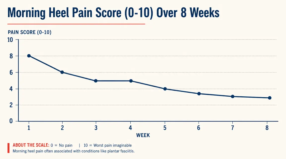 Chart showing plantar fasciitis morning heel pain score over eight weeks with consistent protocol use