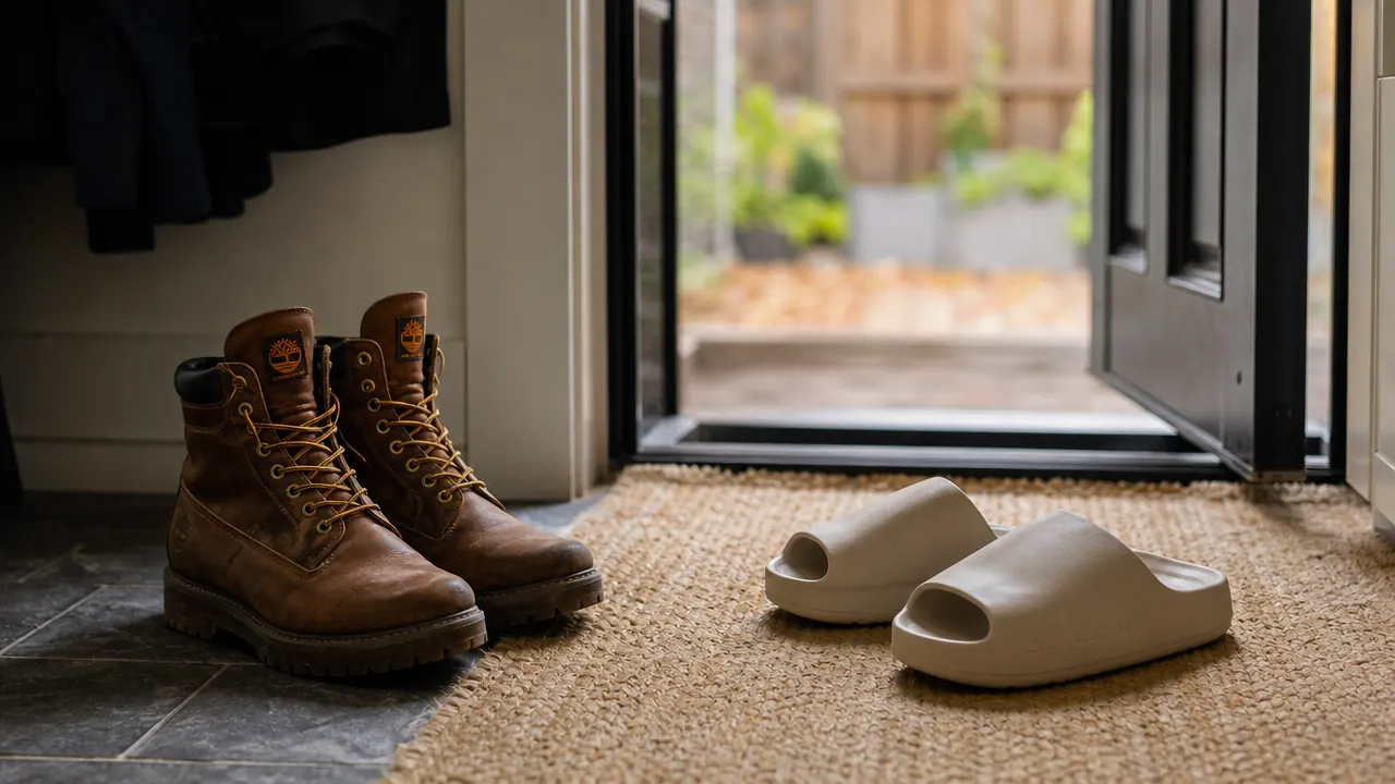 Recovery slides lined up by a front door next to work boots, ready for the post-shift swap