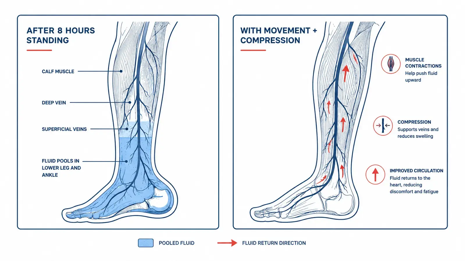 Diagram showing fluid pooling in the lower legs during prolonged standing versus normal circulation with movement
