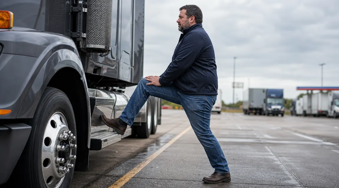 A truck driver standing beside his cab doing a standing hip flexor stretch, one foot up on the running board