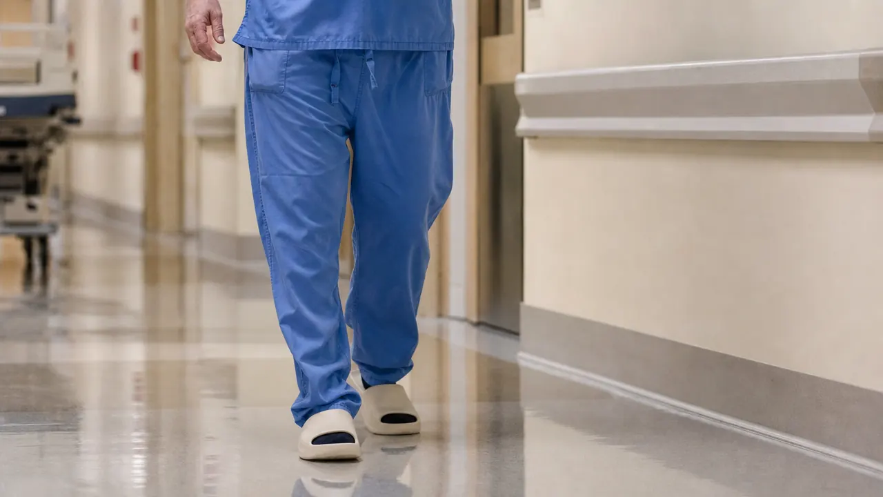 Person in scrubs and OOFOS slides walking on a hospital hallway linoleum floor