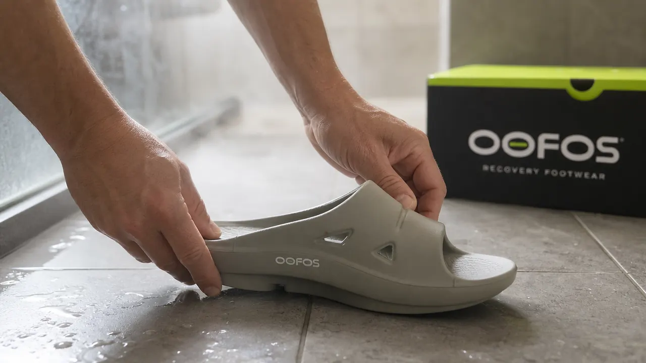 Hand placing an OOFOS OOahh slide on a tiled bathroom floor after a shower
