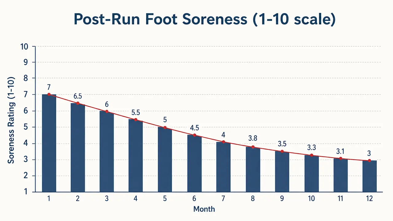 Chart comparing post-run foot soreness score over 12 months with and without recovery slides