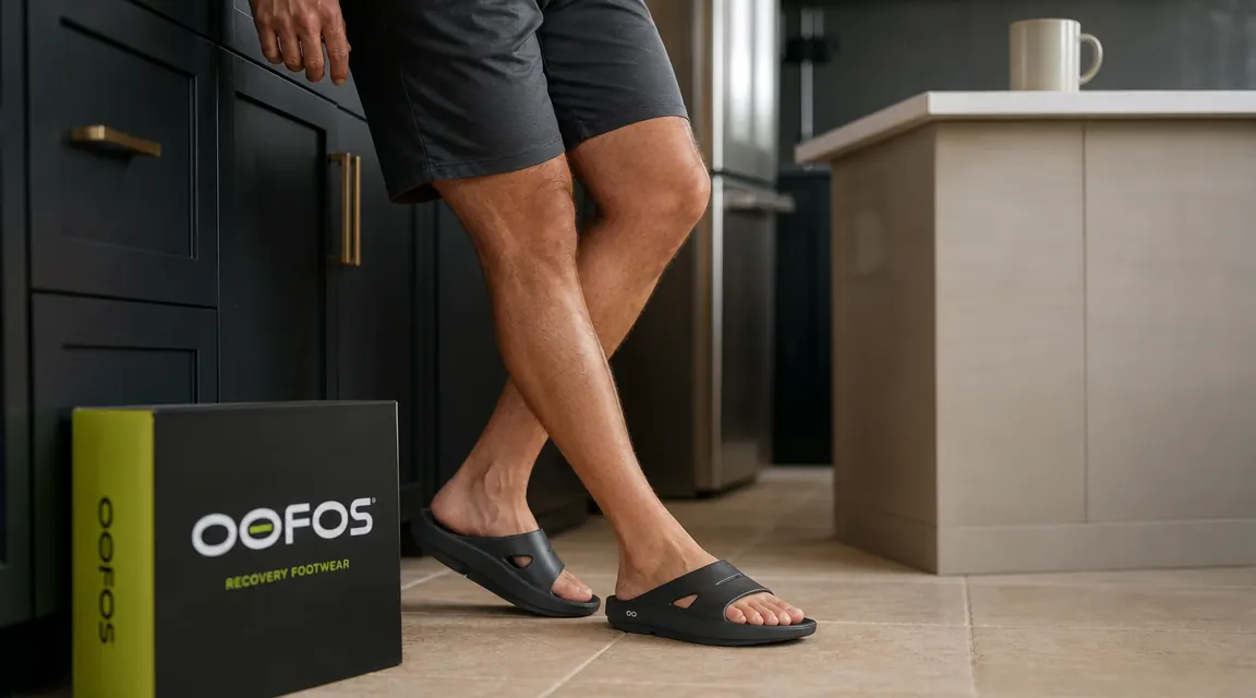 Close-up of a person's feet in OOFOS foam slides on a kitchen floor, coffee mug visible on the counter above