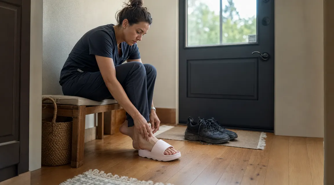 Person in scrubs slipping on a recovery slide after a long nursing shift, kitchen floor in the background