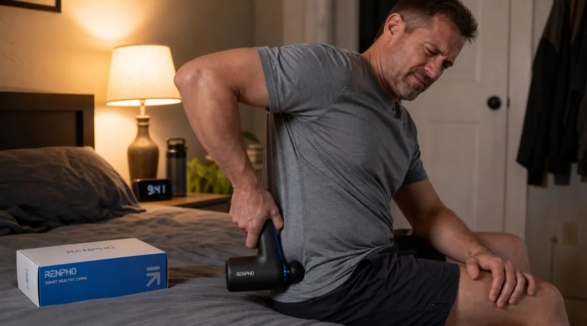 Close-up of a RENPHO massage gun being pressed against a lower back and glute, person seated on the edge of a bed