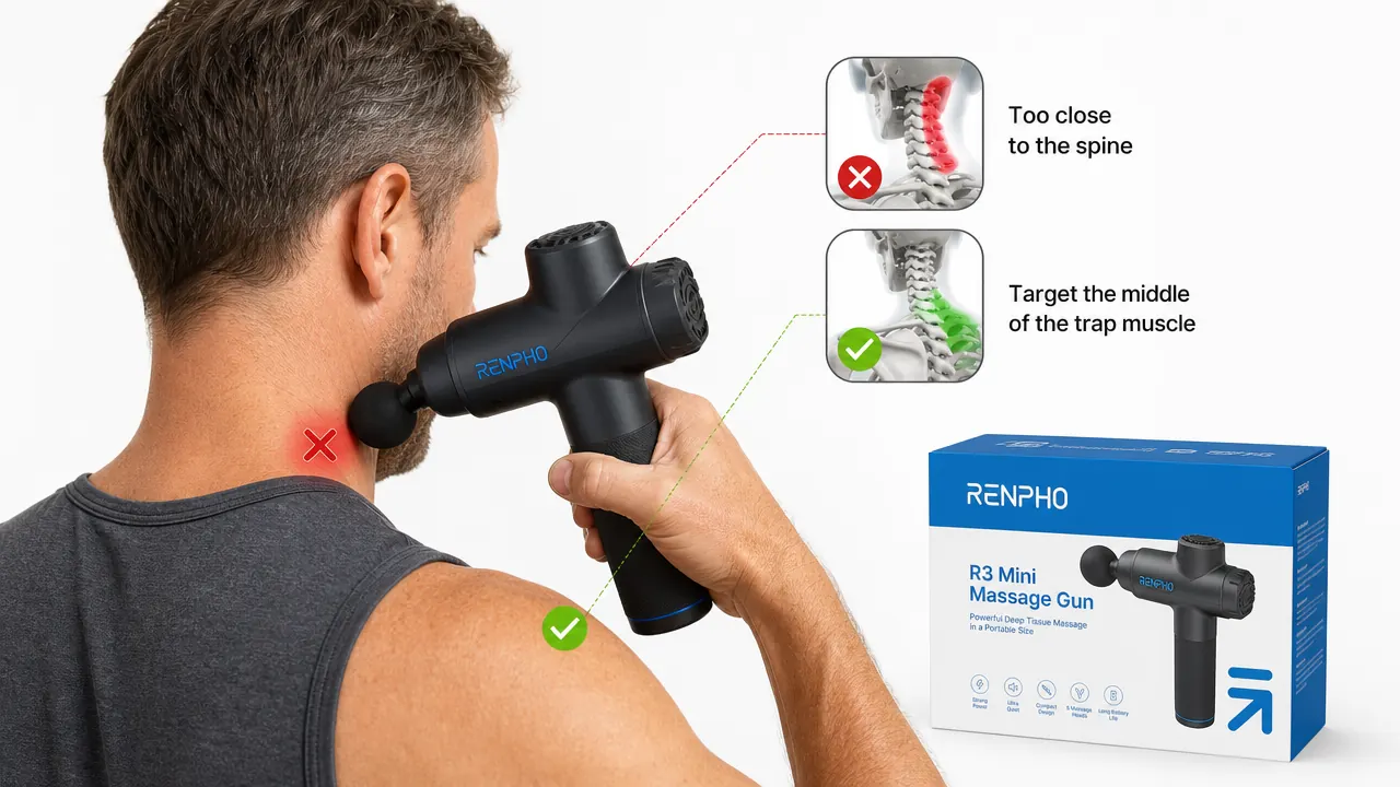 Man applying a massage gun to his upper trapezius incorrectly, with the head positioned too close to the spine and neck, illustrating common user error