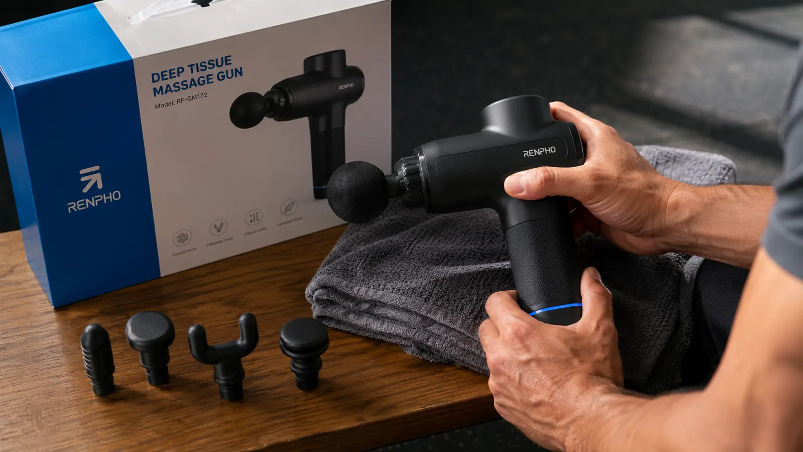 RENPHO massage gun laid on a gym towel next to four attachment heads, showing the included accessories after a workout