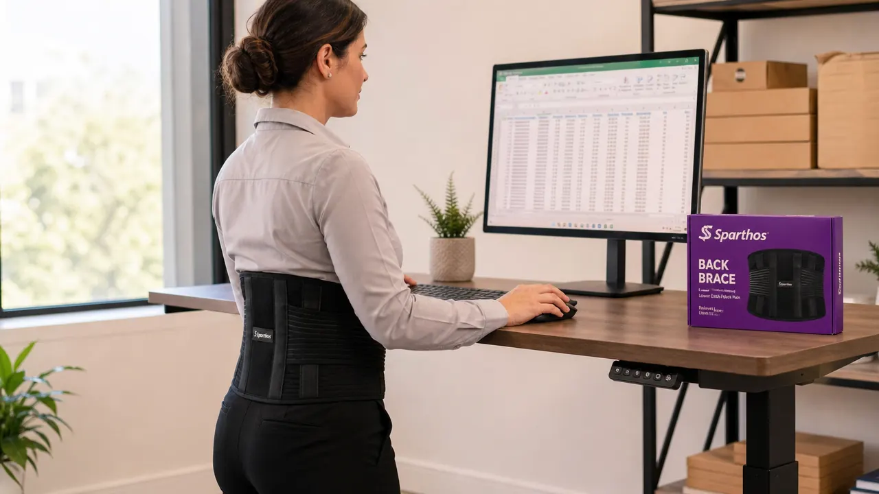 Person sitting at a standing desk wearing the Sparthos back brace over a collared shirt, posture upright