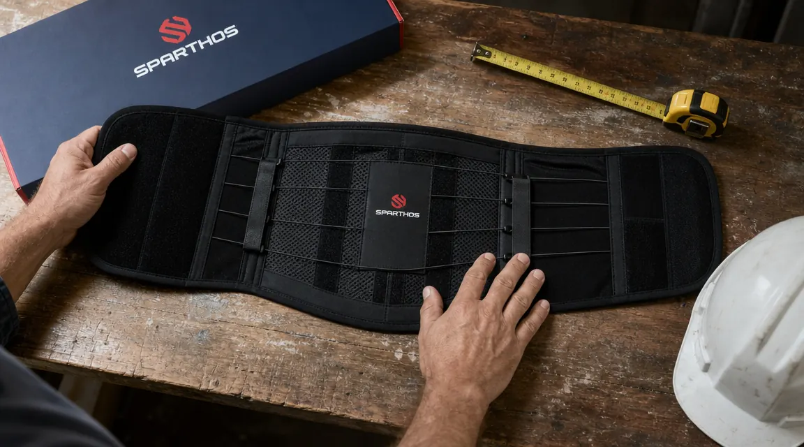 Sparthos back brace laid flat on a work bench next to a tape measure and hard hat