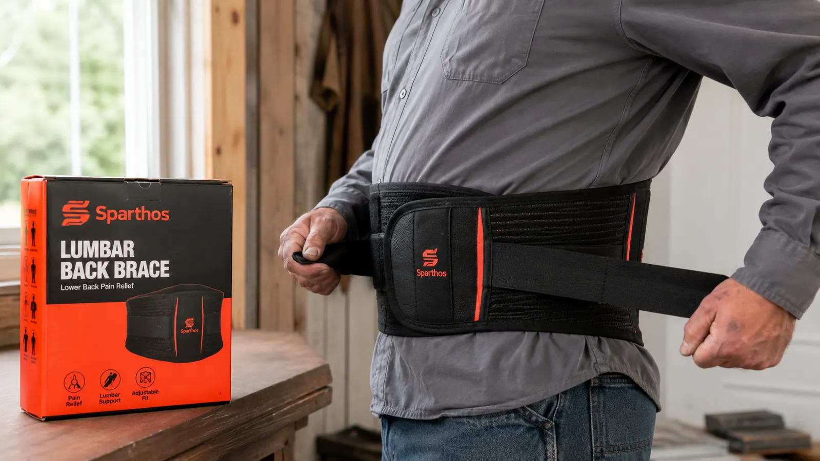 Close-up of a person strapping on the Sparthos back brace over a work shirt