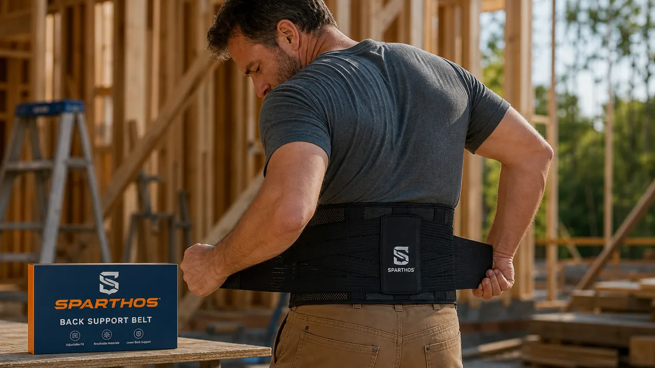 Construction worker adjusting a lumbar back brace on his lower back at a job site
