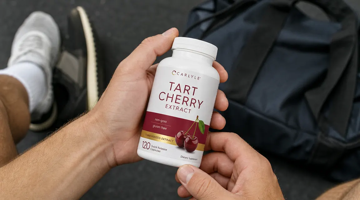 Hand holding a Carlyle tart cherry extract capsule bottle, gym bag visible in background