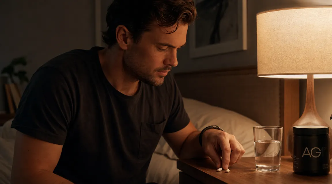 Person setting out supplement capsules on a nightstand beside a glass of water before bed